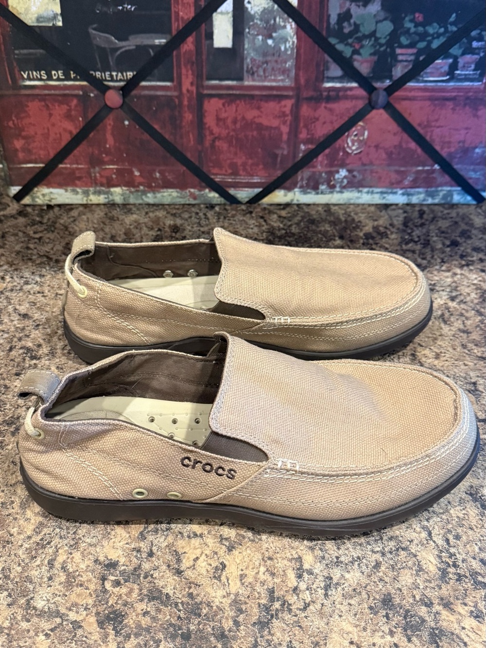 Crocs Men's Walu Beige Canvas Slip-On Loafers. Size 12.
